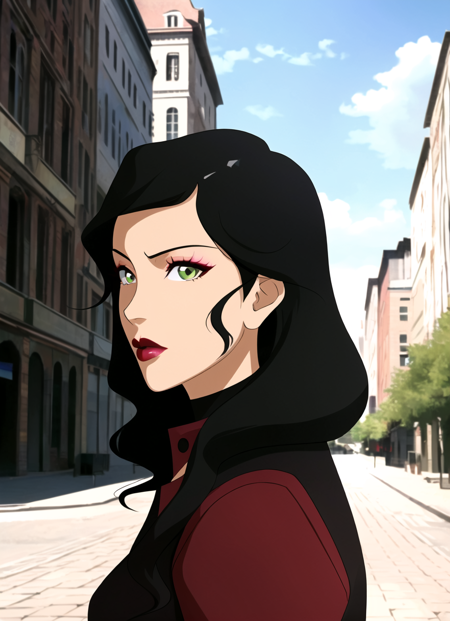 3978527942-303810245-the legend of korra, masterpiece, best quality, 1girl, solo, lipstick, makeup, black hair, green eyes, red lips, looking to the.png